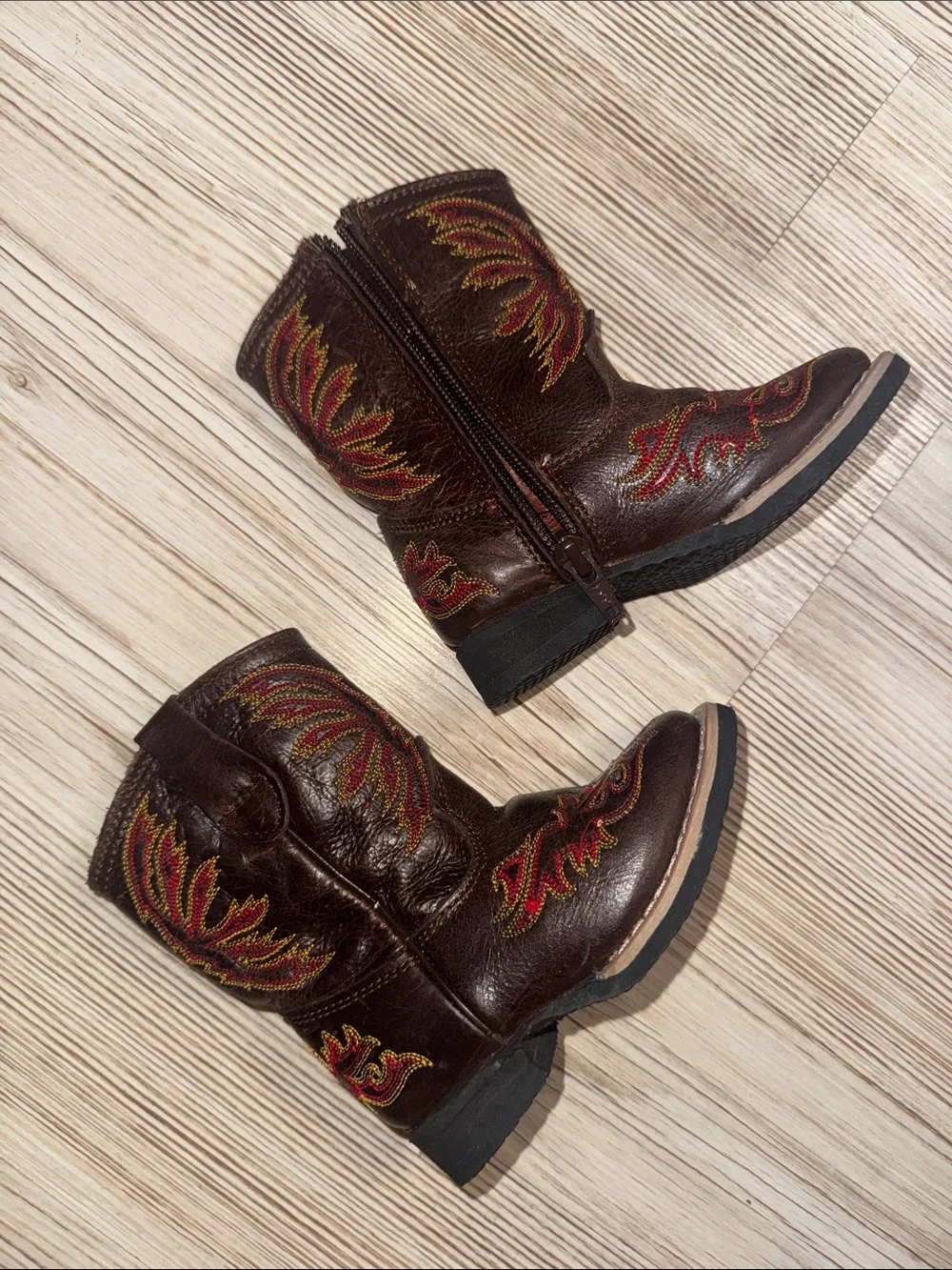 Kids Brown Western Embroidered Cowboy Boots with Red Accent